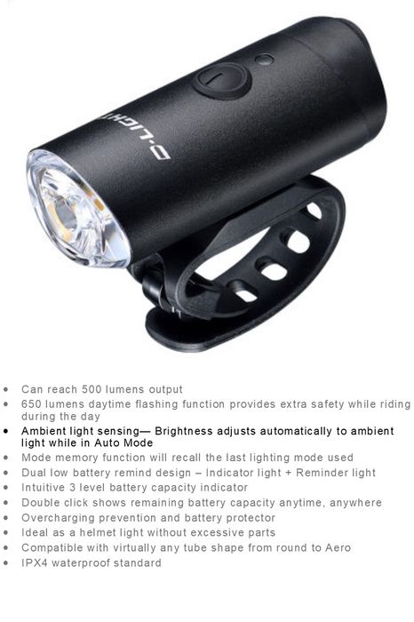 D-Light front light — 500 lumens, 6 function, USB